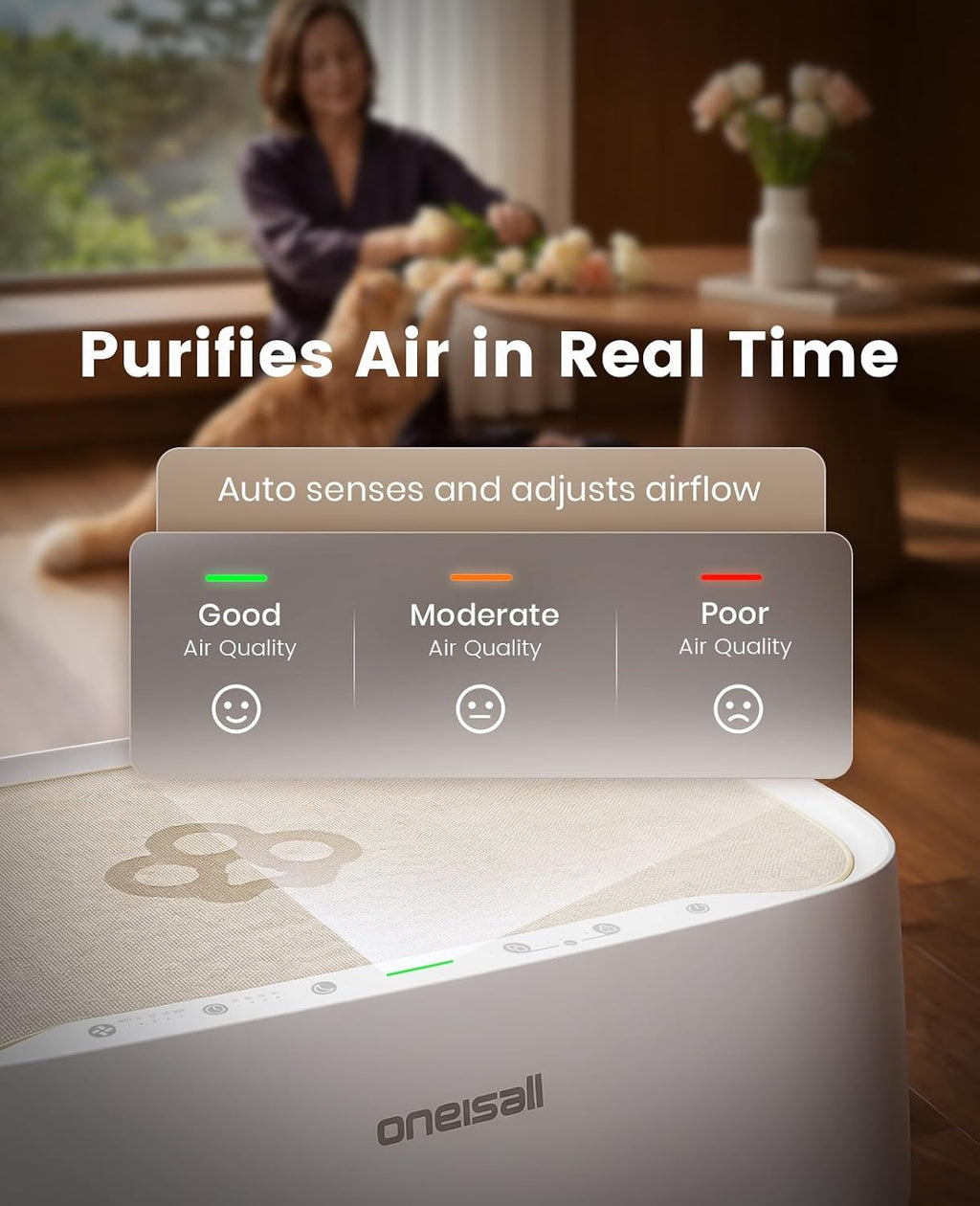 oneisall Pet Air Purifier with 3-Side Air Intake&Hair Collection Bin, PP03