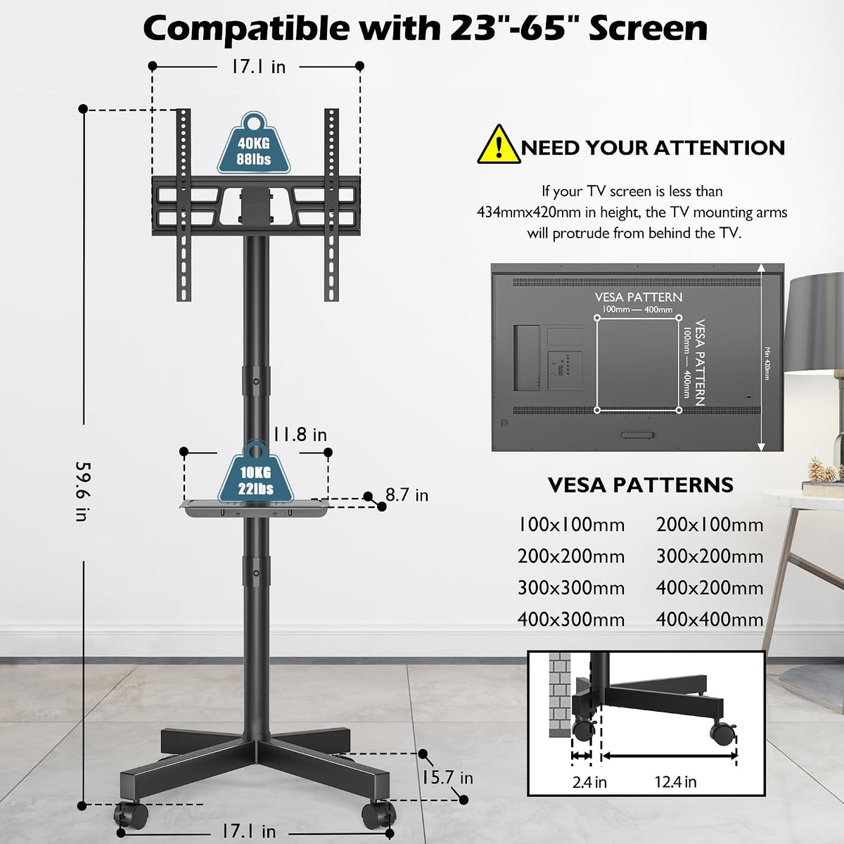 bontec rolling tv stand with tilt,mobile tv stand on a desk or shelf