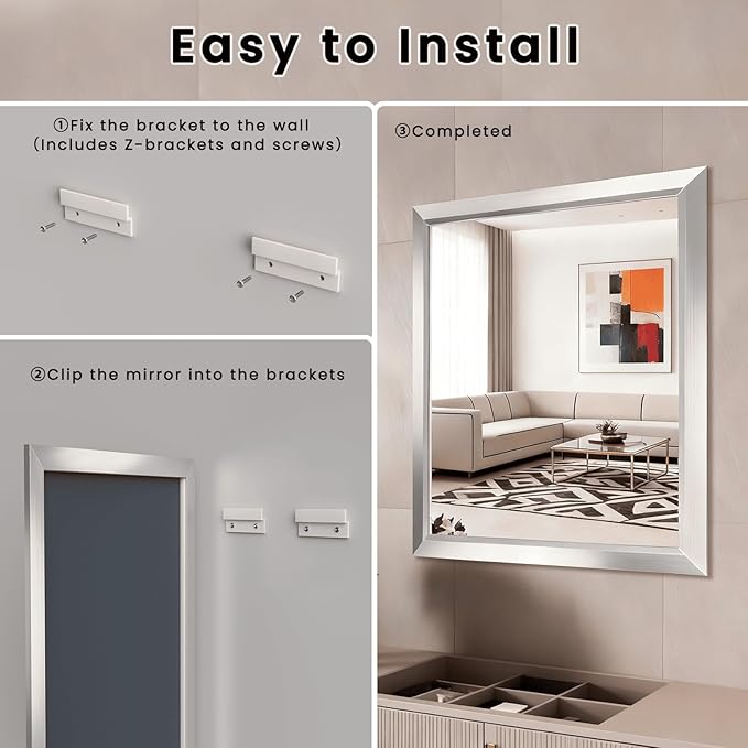 Amorho Bathroom Mirror, 40x38 Inch Silver Thick Metal Framed Wall Mirrors