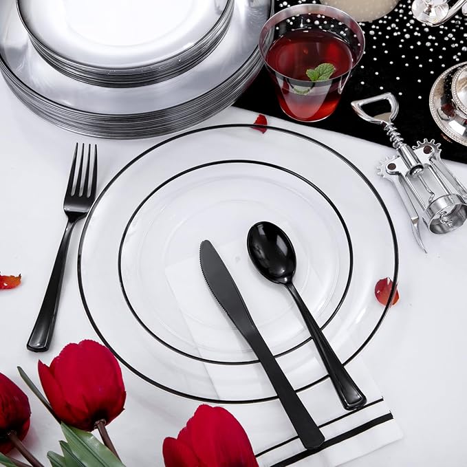 NOCCUR 350PCS Clear and Black Plastic Plates - Disposable Dinnerware Set for 50 Guests Include 100 Dinner/Dessert Plates,150 Black Cutlery,50 Cups&50 Napkins Ideal for Party, Birthday, Halloween