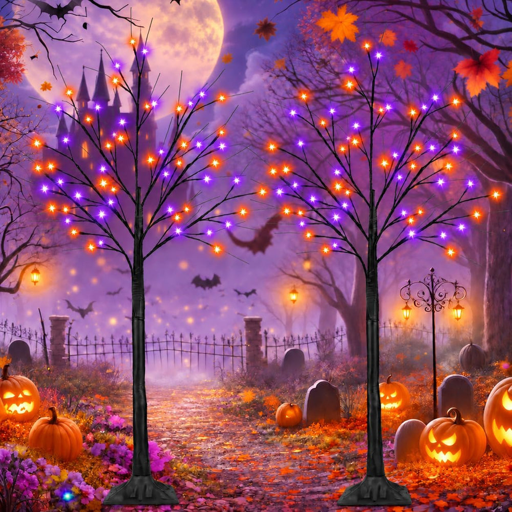 2 Pack 4FT Halloween Lighted Black Tree with 100 LED Orange & Purple Lights