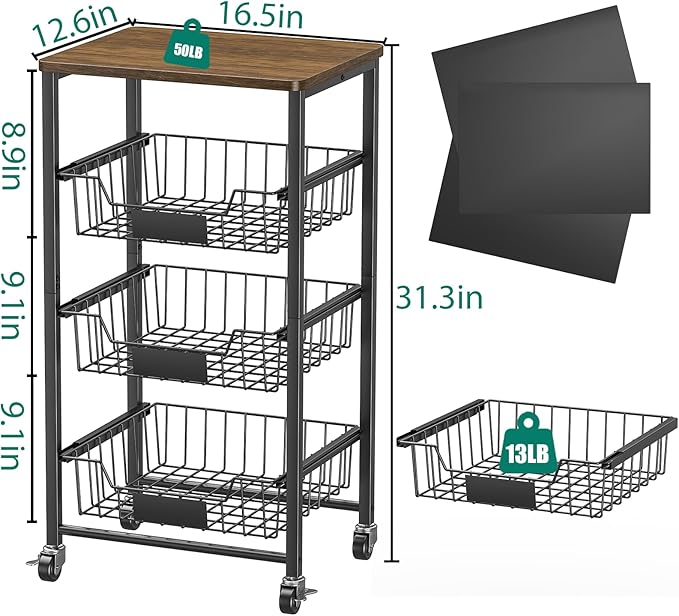 Kitchen Storage Cart with Wheels, 4-Tier Metal Utility Rolling Cart Fruit