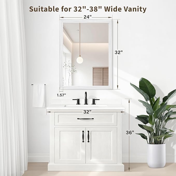 White Wood Effect Framed Wall Mirror, 24x32 Rectangle Mirror, Anti-desilvering