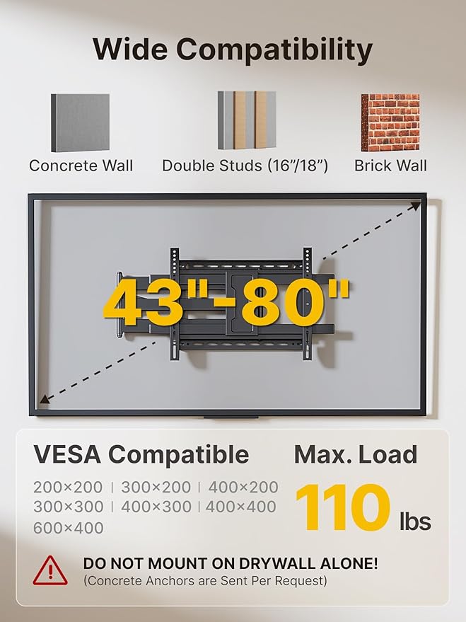 monTEK Long Arm TV Wall Mount for Most 43-80 Inch TVs, 42 Inch Long Extension