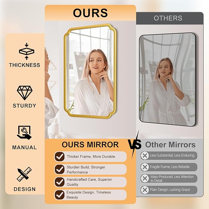 22x34 Inch Gold Bathroom Mirror, Metal Framed Wall Mirror