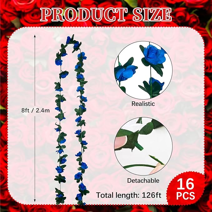 16Pcs 126Ft Royal Blue Rose Garland, Fake Rose Hanging Flowers, Artificial Flower Vine, Hanging Floral Vine Garland for Wedding, Birthday Party, Wall Arch, Halloween, Christmas Garden Backdrop Decor