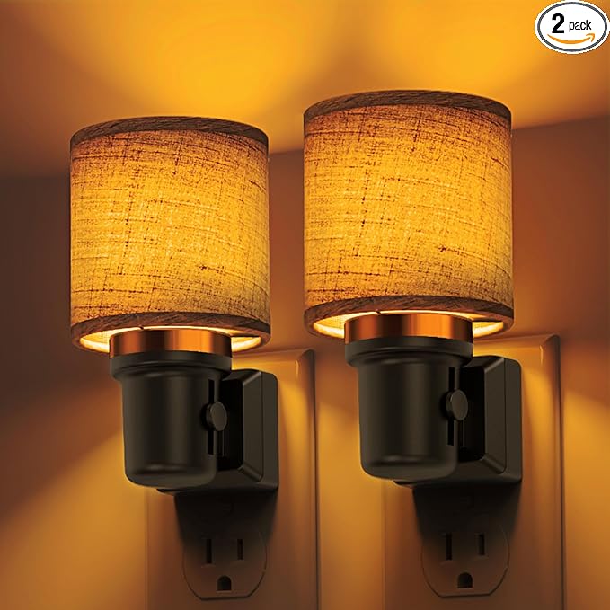 L LOHAS LED Night Lights Plug into Wall, 2 Pack Linen Fabric Cylinder Decor