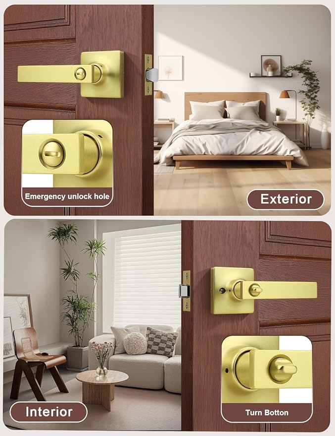 Mengico 2 Pack Gold Privacy Lever Door Handle Interior