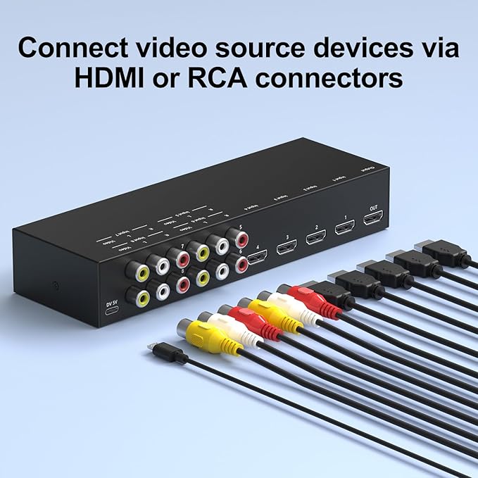 ZUZONG 4 AV to HDMI Converter + 4 HDMI2.0 Switcher 4 Way RCA Composite to HDMI