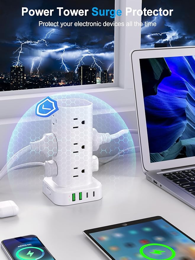 Power Strip with Wireless Charger, Flat Plug Surge Protector with 10FT