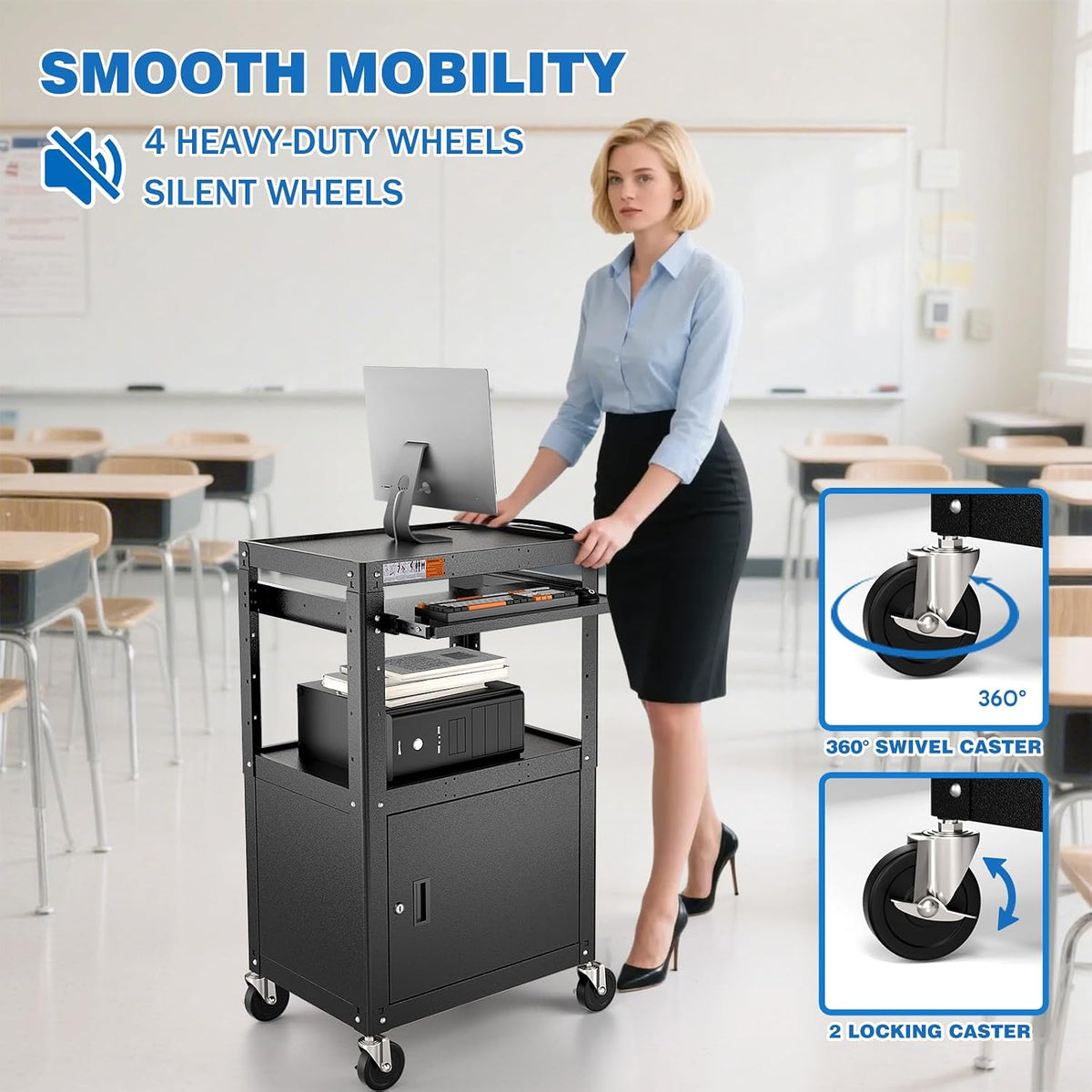 POCHAR Steel Large AV Cart with Locking Cabinet - Adjustable Height Media Carts with Wheels, Pullout Tray, Power Strip for Mobile Work Station - Rolling Computer Cart for Office Classroom Presentation