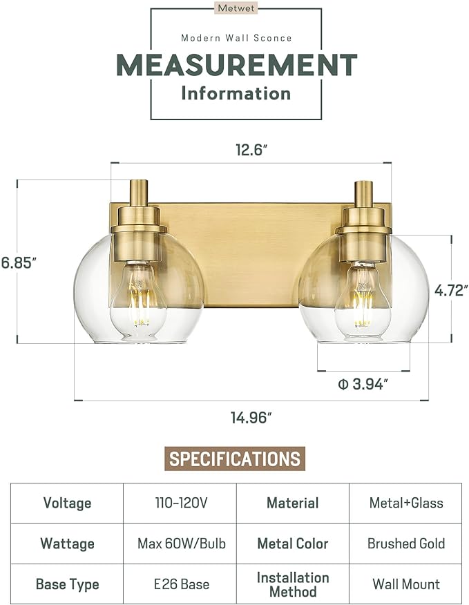 METWET Bathroom Light Fixtures, 2 Light Brushed Gold Vanity Light, Modern Wall