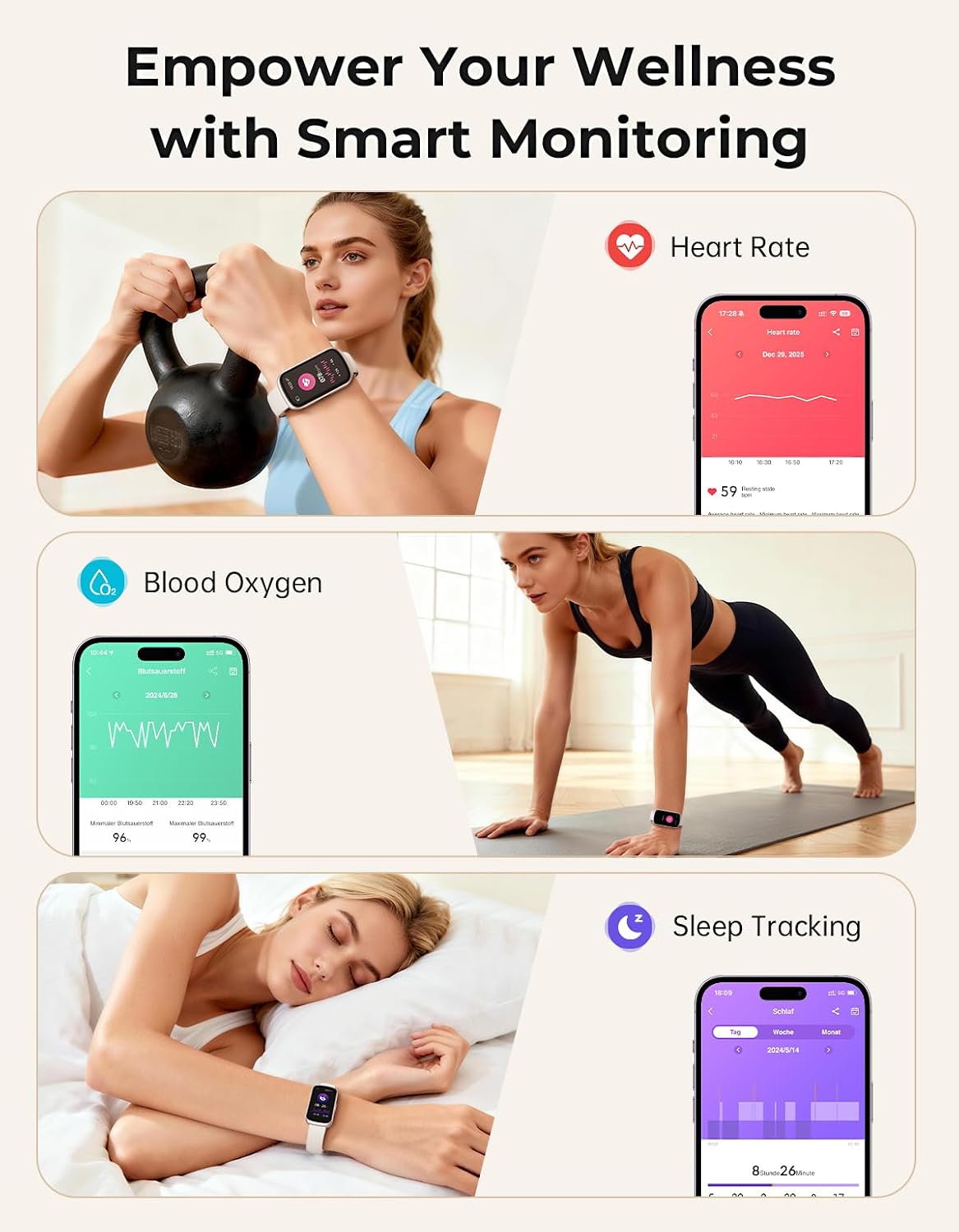 fitness tracker with 24/7 heart rate monitor, sleep showing dimensions