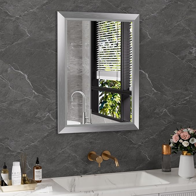 Amorho 22x30 Inch Bathroom Mirror Silver, Thick Metal Framed Wall Mirrors