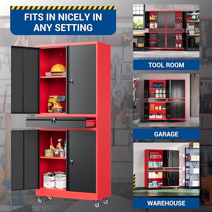 73" Metal Cabinet-Black & Red Heavy Duty Rolling Storage Cabinet Steel Tool