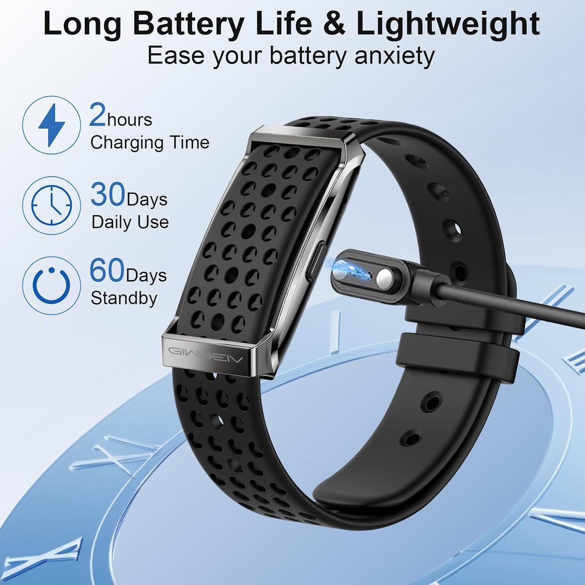screenless fitness smart bracelet, 24/7 activity health tracker showing dimensions