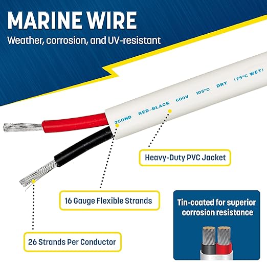 GS Power 200 Ft Duplex Marine Wire, 16 Gauge Wire, Oxygen-Free Tinned Copper 16