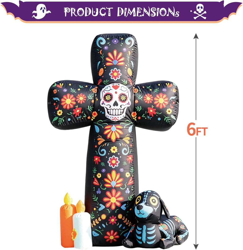 DomKom 6 FT Halloween Inflatable Outdoor Decorations, Day of the Dead Cross Blow Up with Skeleton Dog & Candles, Built-in LED Lights, Día de Los Muertos Yard Decoration for Lawn, Garden, Porch