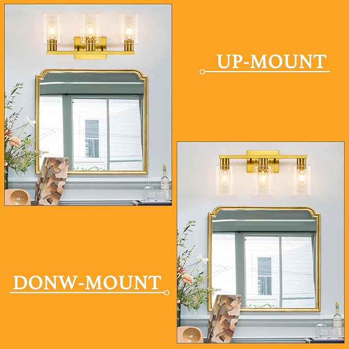 SOPEAS Gold 3-Light Bathroom Vanity Light, Modern Brushed Gold Vanity Lights