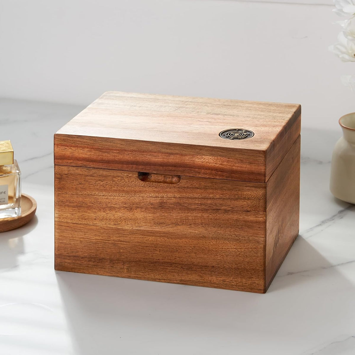 Acacia Wood Tampon Holder for Bathroom, Feminine Product Organizer with Hinged Lid, 2-Compartment Shark Week Period Box, Pad&Tampon Organizer, Girl Stuff Box for Bathroom Storage