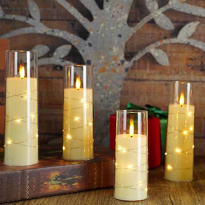 Flameless Candles with Embedded Star String, Battery Operated LED Pillar (Set of 7)