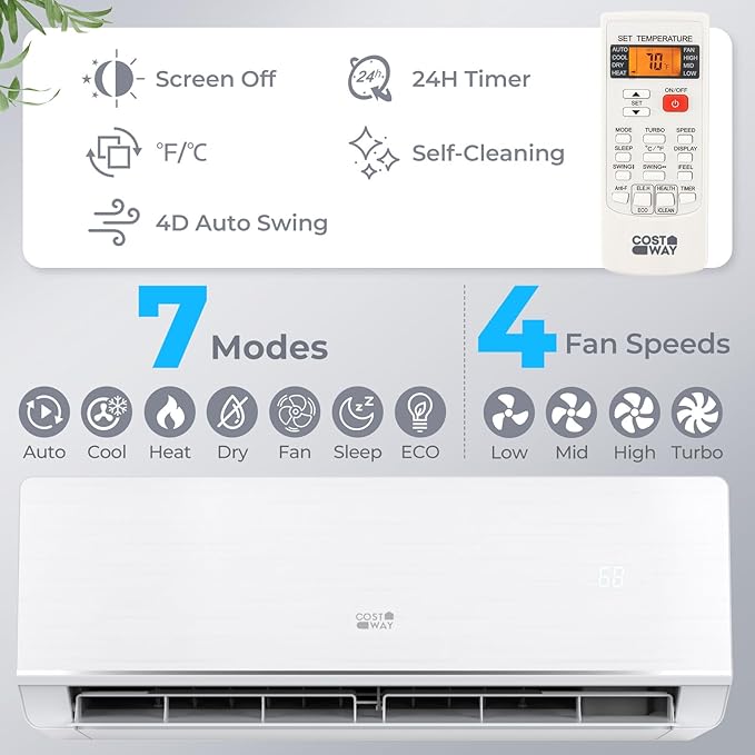 COSTWAY 12000 BTU Mini Split Air Conditioner & Heater, 208-230V WiFi Enabled 24