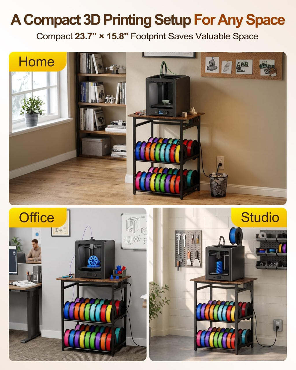 3D Printer Stand with Filament Storage - Heavy Duty Metal 3D Printer Table with Power Hub Spools Holder Racks with Adjustable Feet for Studio Garage Office Workshop