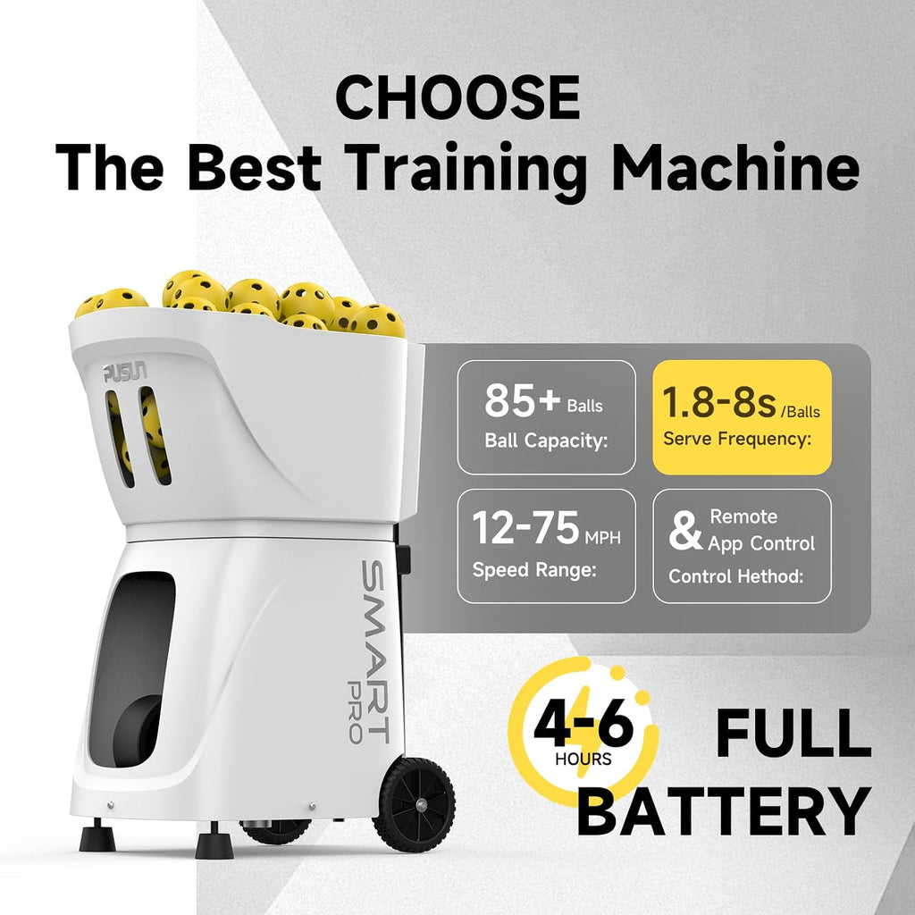 Pickleball Machine-PUSUN Launcher for Professional Training | App& Remote Control | Speed, Angle, Rotation Adjustment | Large Capacity (85+ Balls) | 4-6 Hour Battery Life | Self-Programming