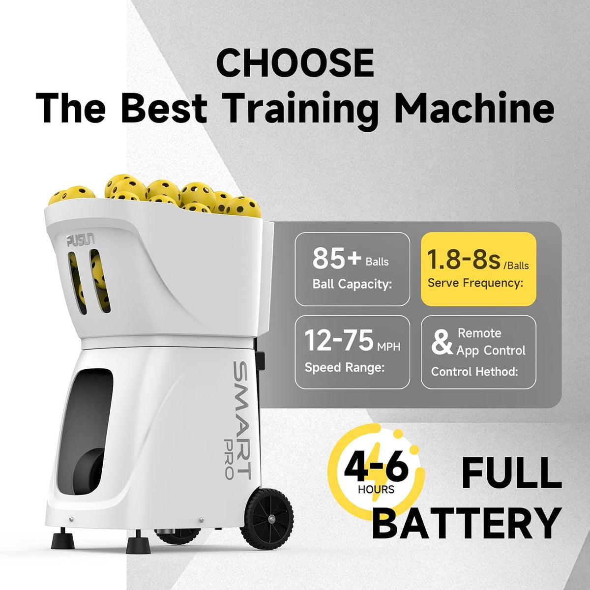 Pickleball Machine-PUSUN Launcher for Professional Training | App& Remote Control | Speed, Angle, Rotation Adjustment | Large Capacity (85+ Balls) | 4-6 Hour Battery Life | Self-Programming