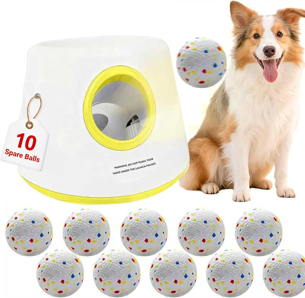 Automatic Dog Ball Launcher for Small/Medium Dogs - Small Silent Design, 3 Distance Settings (20ft/33ft/46ft), Rechargeable, 10 Durable 2.3" Balls Included (Dog Ball Launcher-Yellow)