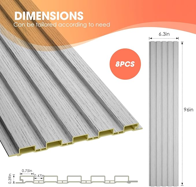 OUZUGIE WPC Acoustic Slat Wall Paneling, Living Room, TV Background, Study Room (8-Pack)