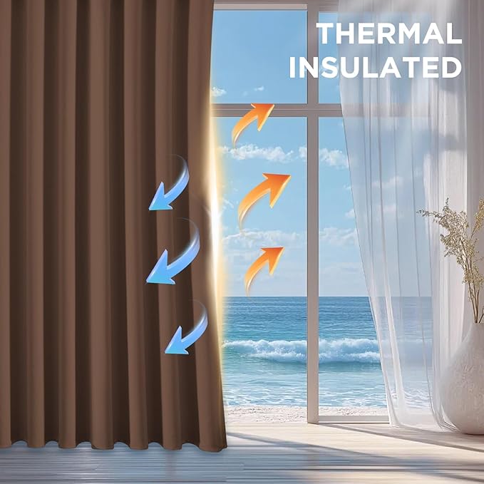 CUCRAF Brown Blackout Curtains 90 inch Length, Thermal Insulated Room Darkening (Set of 2)