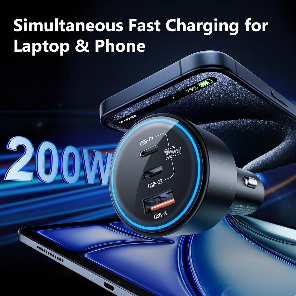 200w super fast car charger, adapter with 2×100w, close-up detail