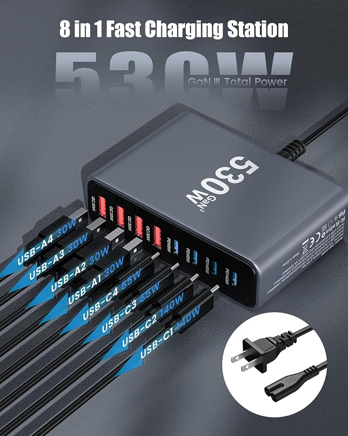 530W USB C Charger Block, 8-Port USB C Charging Station GaN IV Travel