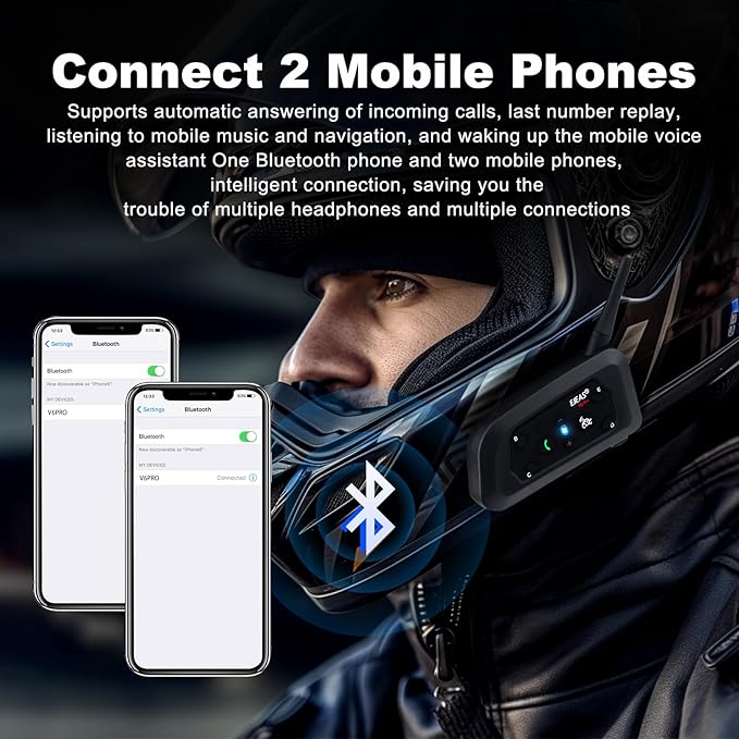 EJEAS V6 Pro Motorcycle Bluetooth Headset, Upgraded 2 Riders Intercom Helmet (2 Pack)