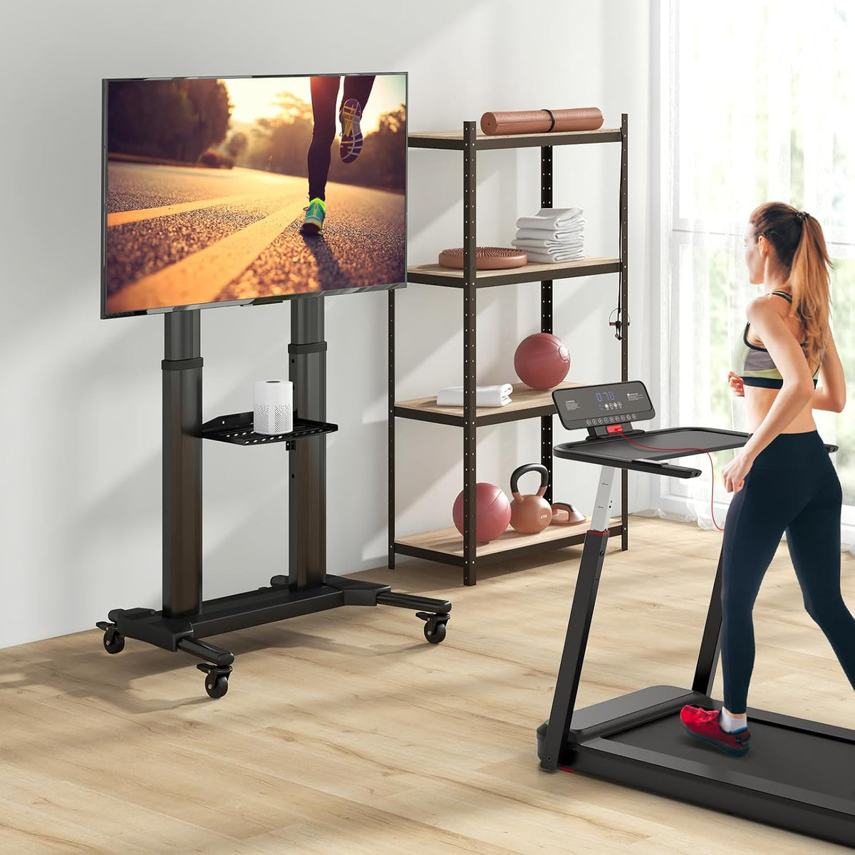 Goplus Rolling TV Stand for 32"-85" Flat Curved LED/LCD/OLED TVs up to 132 LBS, Height Adjustable TV Cart w/Locking Wheels, Shelf Cable Management Holes, Mobile Floor TV Trolley Max VESA 400 x 700 mm