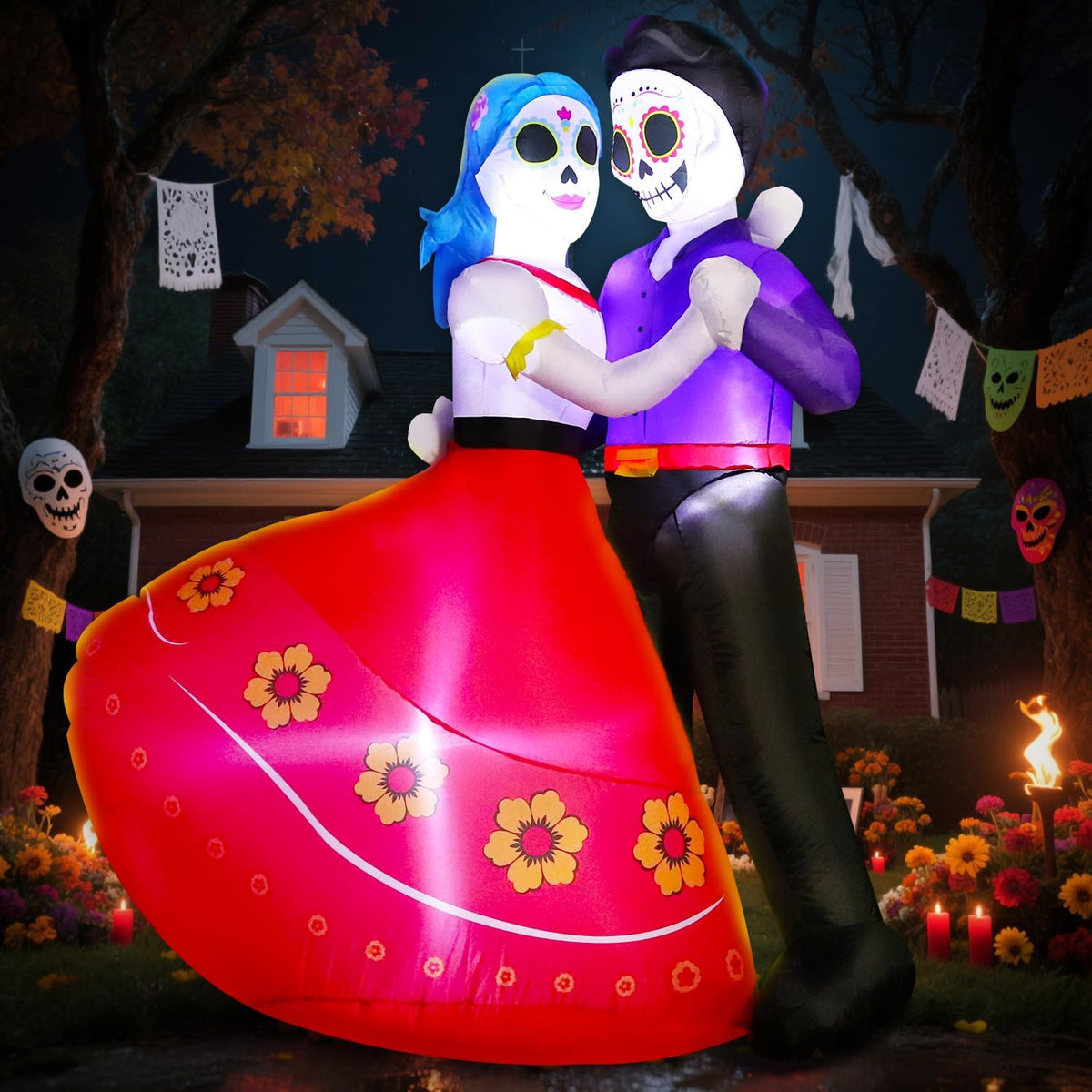 DomKom Halloween Inflatable Blow Up Decorations, Dia de Los Muertos 6FT Day of Dead Catrina Sugar Skull Couple Dancing, Built-in LEDs for Holiday Party, Garden, Lawn, Yard, Patio Décor