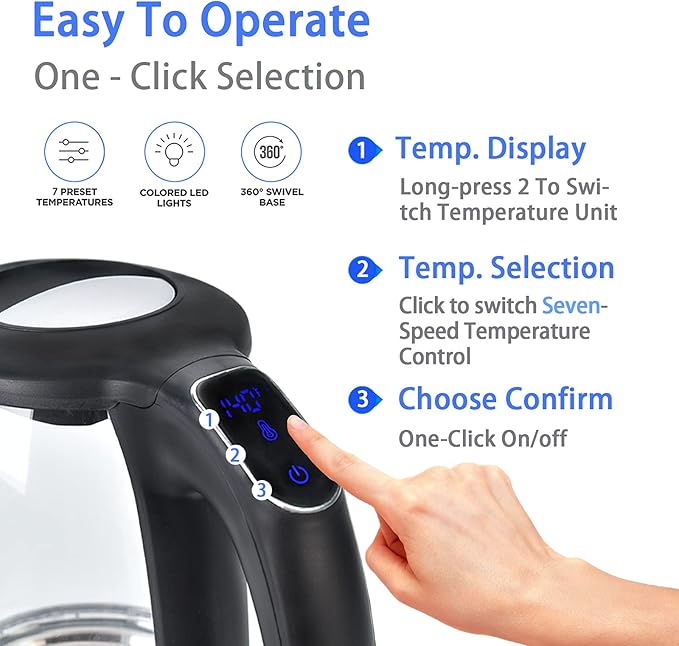 ShanSon 1.7L Electric Glass Kettle 1500W Temperature Control Fast Water Boiler