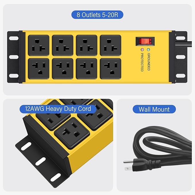 CCCEI Magnetic Heavy Duty Power Strip Surge Protector 20Amp, 12 Gauge High Amp