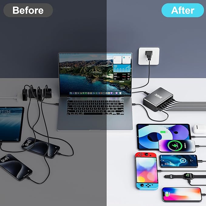 320W USB C Fast Charger Block, 8 Port USB Charging Station, GaN Ⅲ Pro 100W PD
