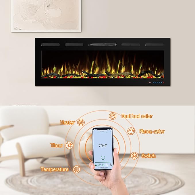 48" WiFi Electric Fireplace Inserts, Recessed and Wall Mounted Fireplace Heater