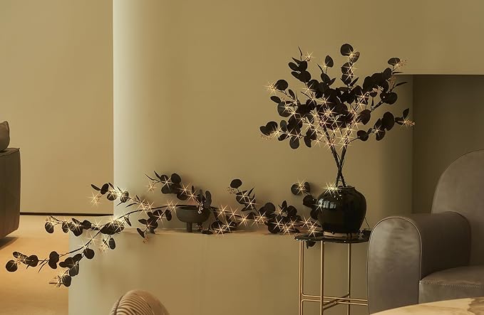 LITBLOOM Halloween Tree Branches with Lights 32IN Battery Operated with Timer, Lighted Black Eucalyptus Branches with 120 Orange and Warm White LED Lights for Mantle Table Halloween Decoration