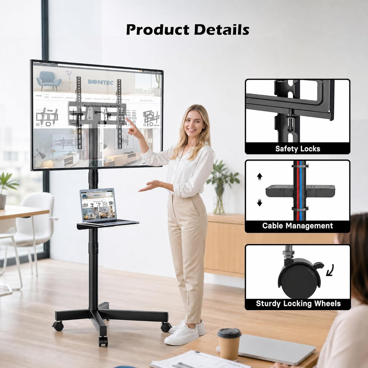 bontec rolling tv stand with tilt,mobile tv stand showing dimensions
