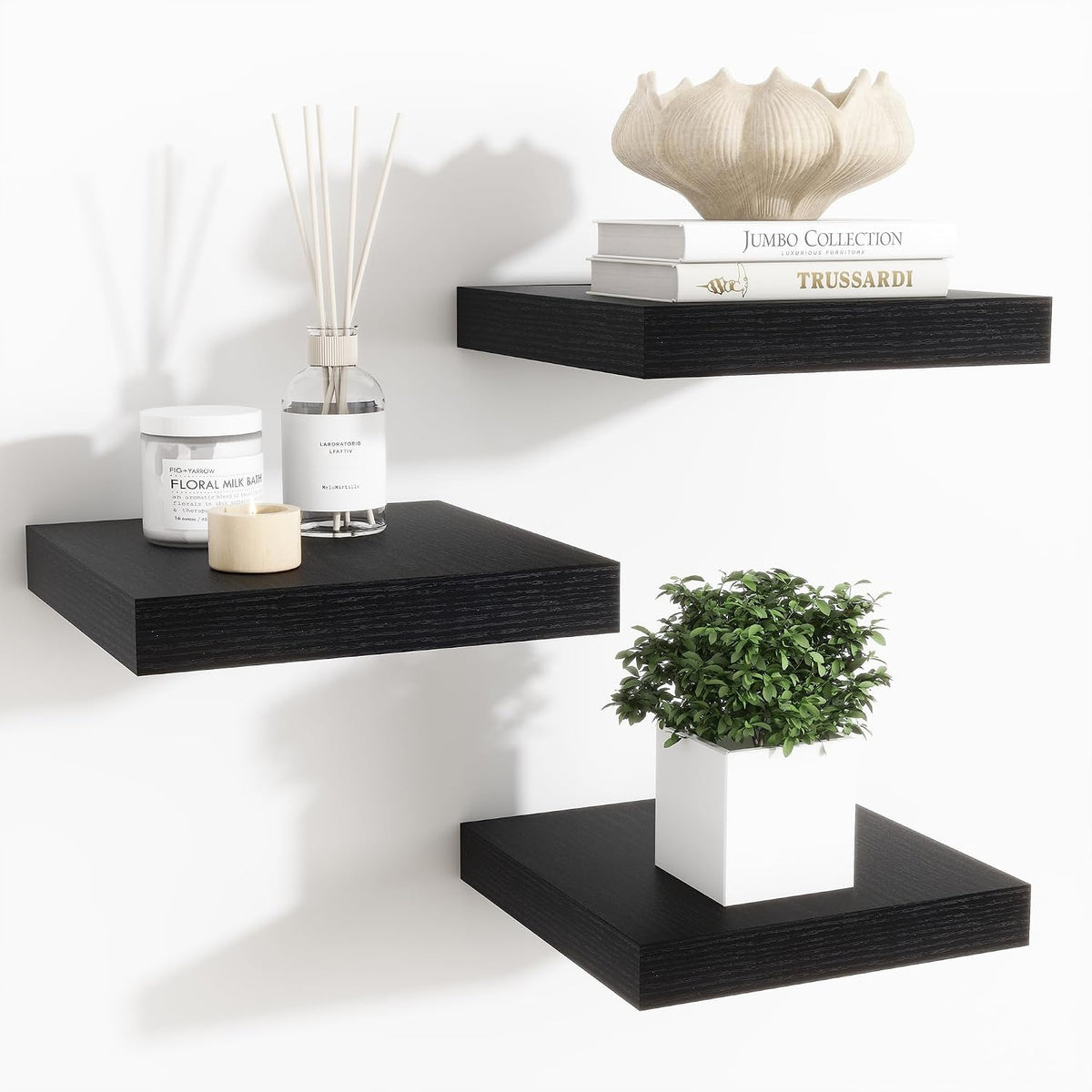 Fun Memories Floating Shelves for Wall - 7.5 Inch Square Shelves with Invisible Brackets, Black Small Wall Shelf for Living Room, Bathroom, Bedroom, and Kitchen Decor Black Set of 3
