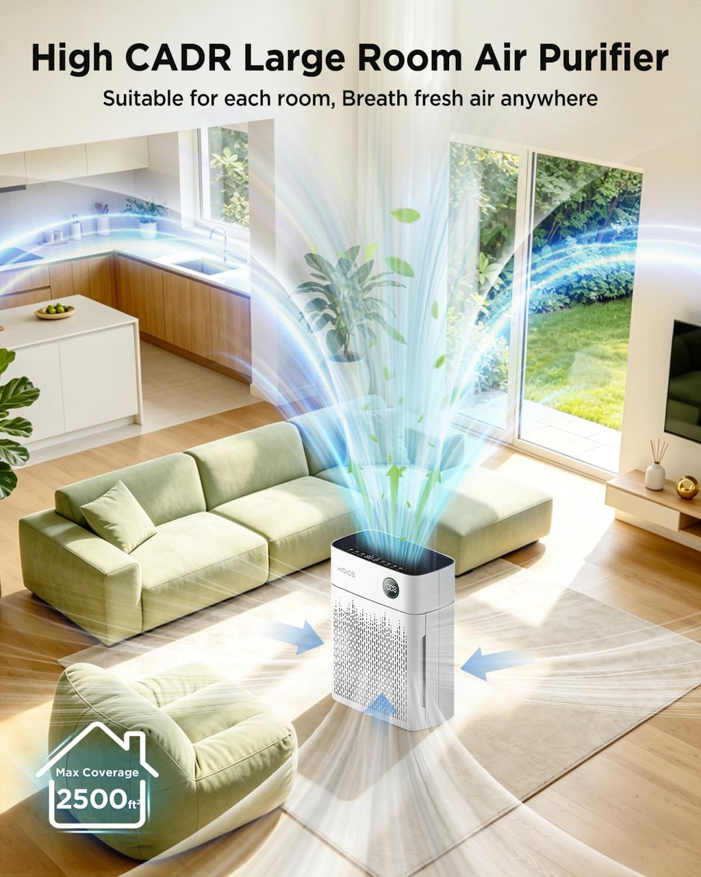 KOIOS H13 True HEPA Air Purifier for Home Bedroom 2500 sq ft, Carbon Filter