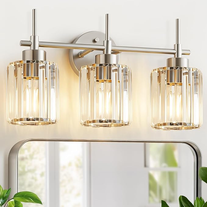 EJIAXIN 3 Light Crystal Bathroom Light Fixtures, Brushed Nickel Vanity Mirror