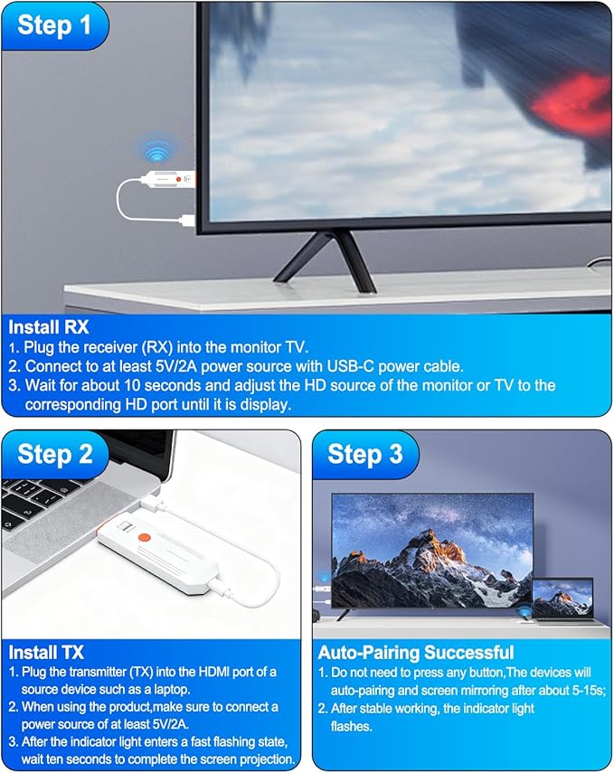 2026 Upgraded Wireless HDMI Transmitter and Receiver 328FT/100M, 4K Decode