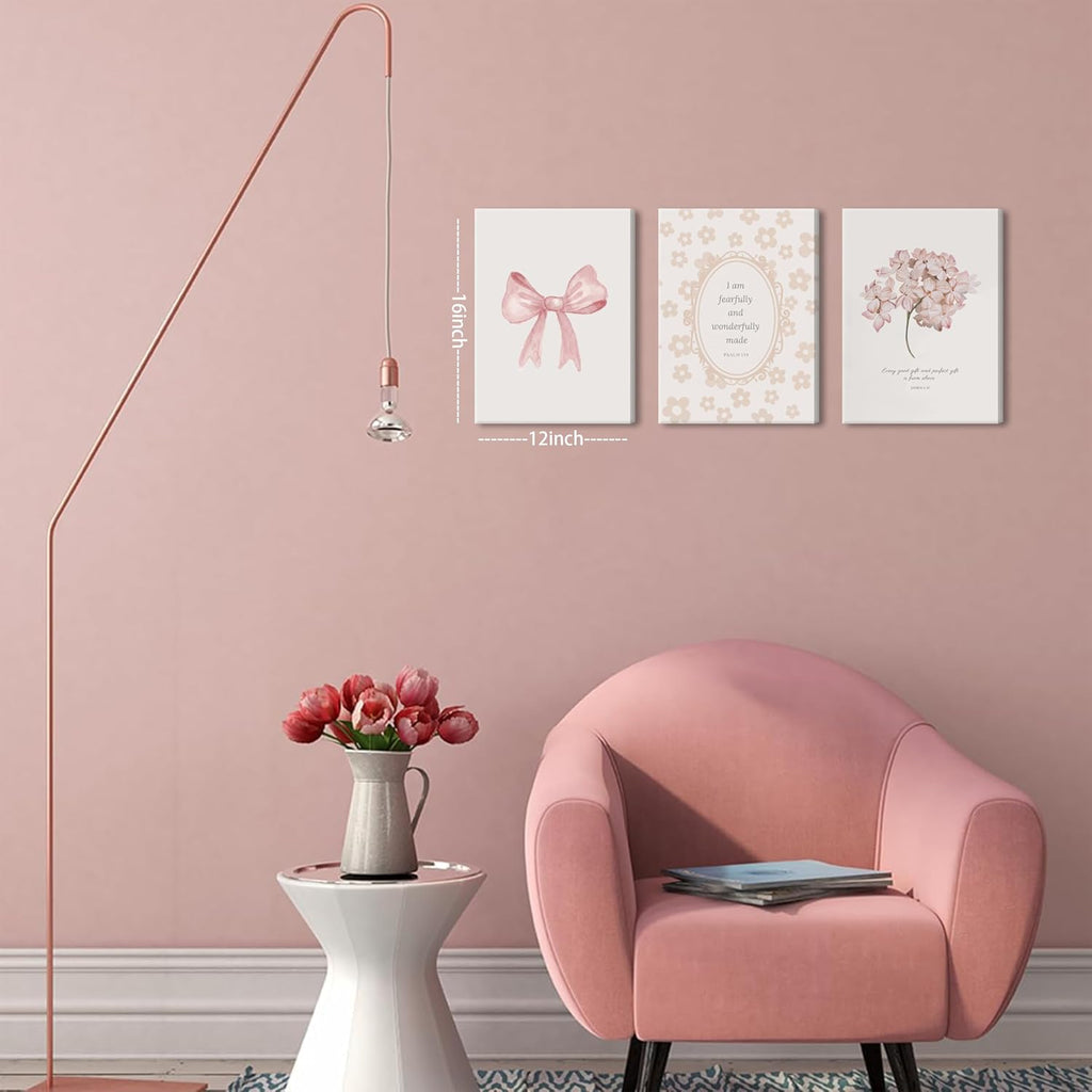 Nursery Christian Wall Art Set of 3, Bible Verse Canvas Wall Decor, Coquette Pink Bow Prints Paintings, Girl Nursery Room Pictures for Bedroom Kids Room 12x16 Inch Framed