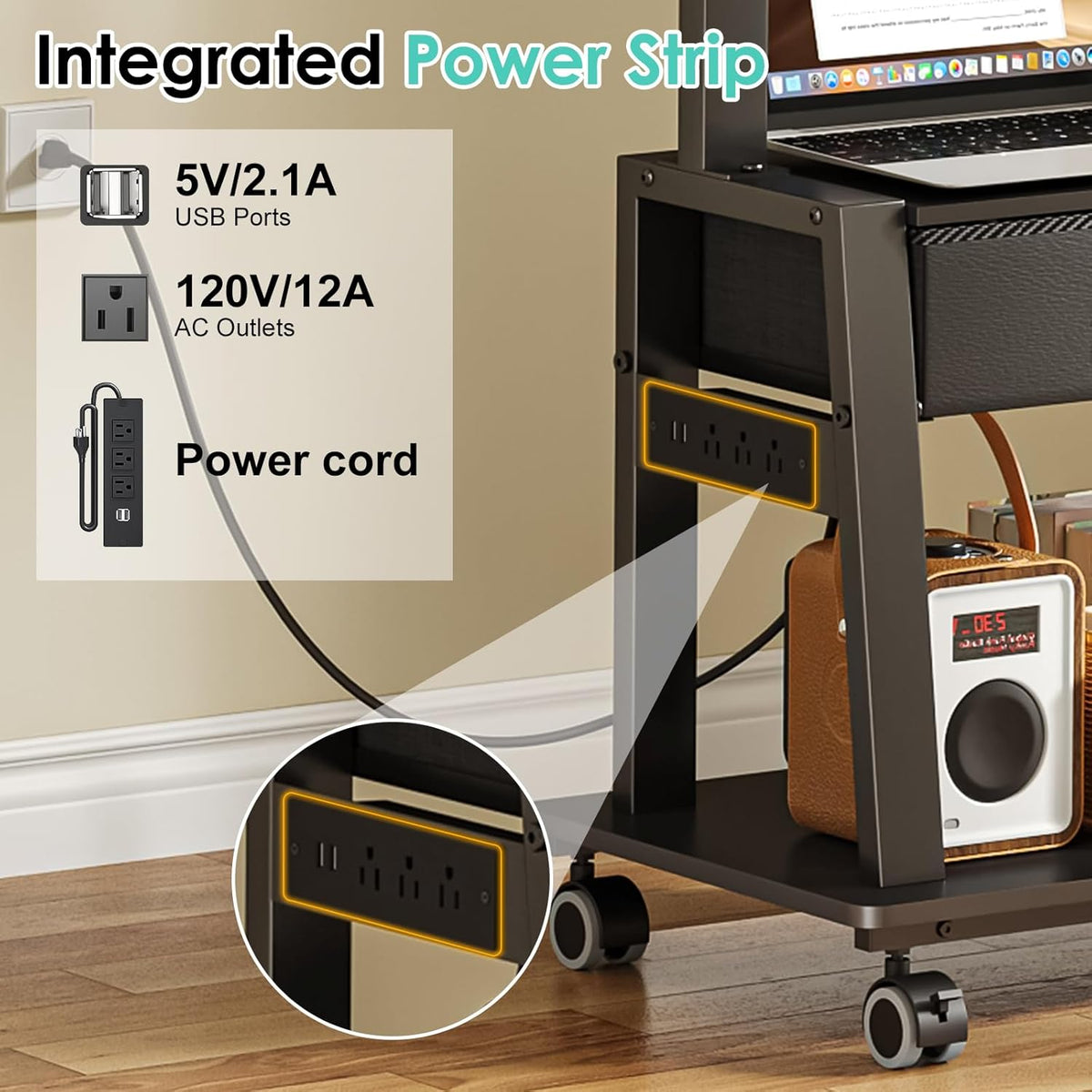 rolling tv stand with power outlet,tilt tv cart, close-up detail