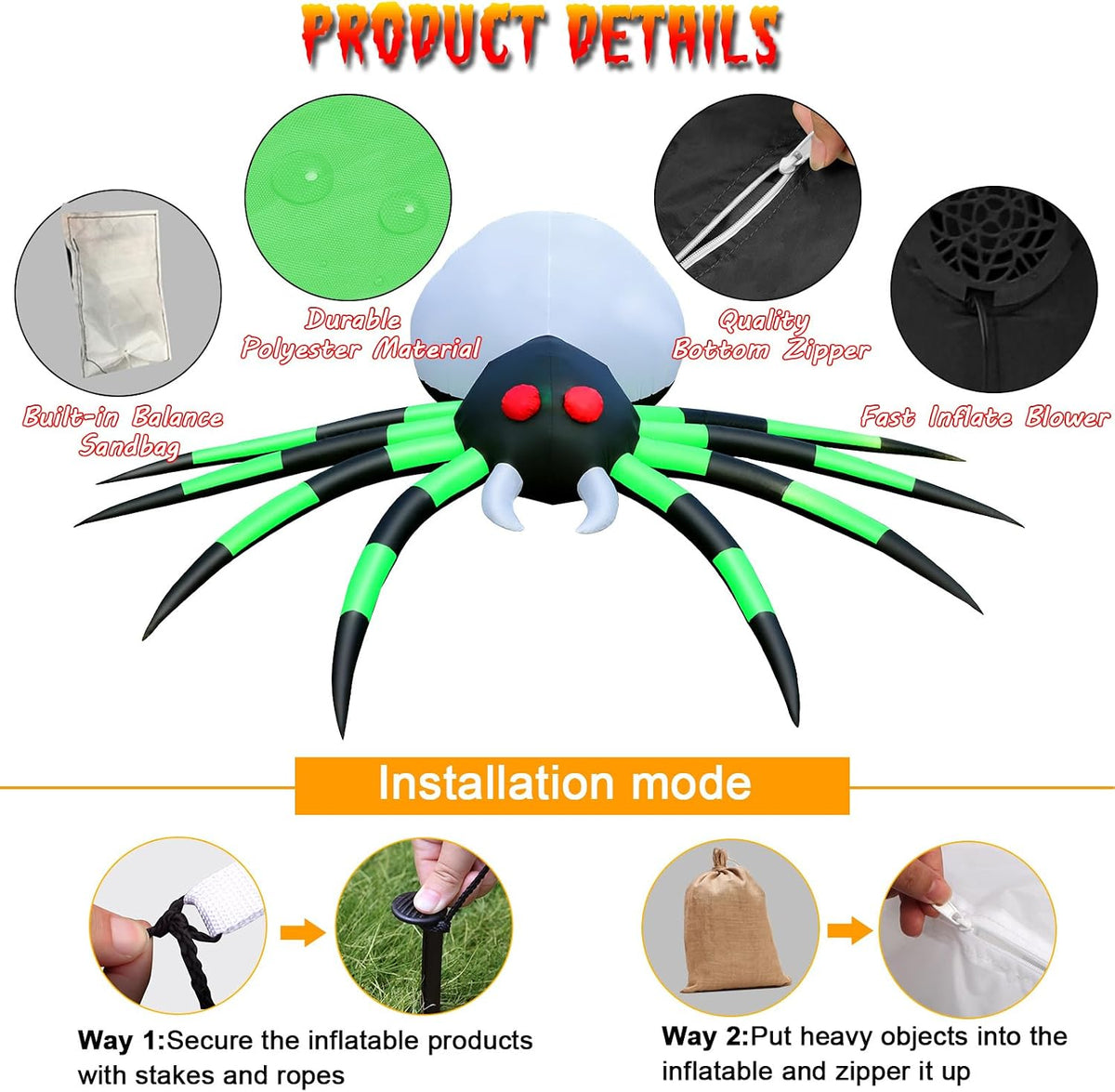12 FT Halloween Inflatables Spider Outdoor Decorations, Giant Blow Up Spider with Flame Lights & Red Glowing Eyes, Large Crawling Green Spider Props for Halloween Party Yard Garden Lawn Roof Decor